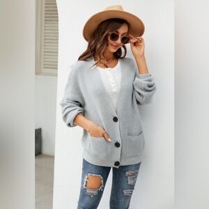 Waffle-Knit Dropped Shoulder Cardigan with Pockets